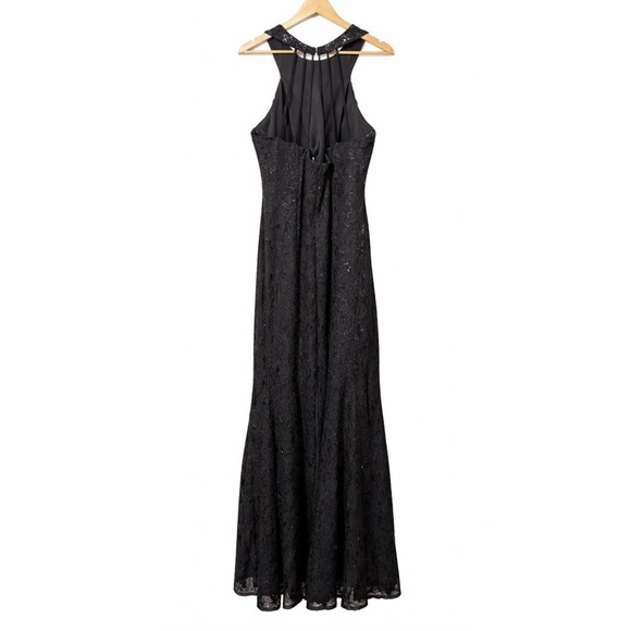 Morgan & Co Black Sequin Lace Halter Maxi Gown Strappy Back Womens 16W - Picture 5 of 12